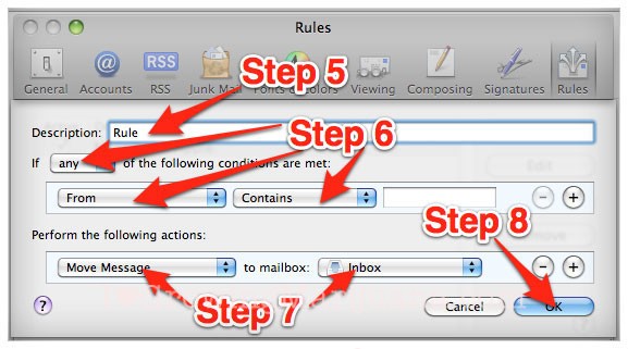 Step by step instructions on how to create a new email account on Mac OS X with email whitelisting.