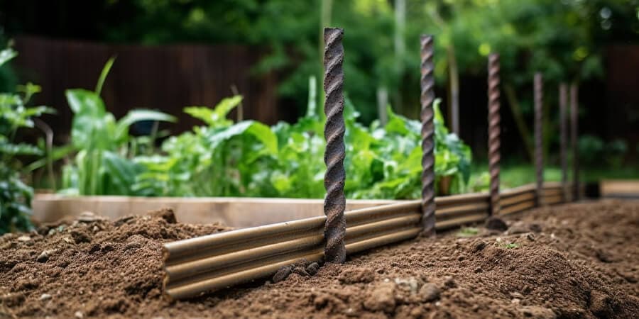 Drive 2-foot sections of rebar into the ground at measured intervals roughly 3 feet apart along the width of your grow.