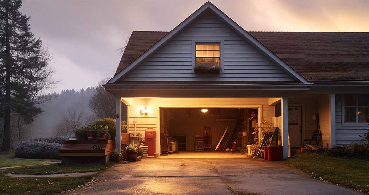 A house with an open garage