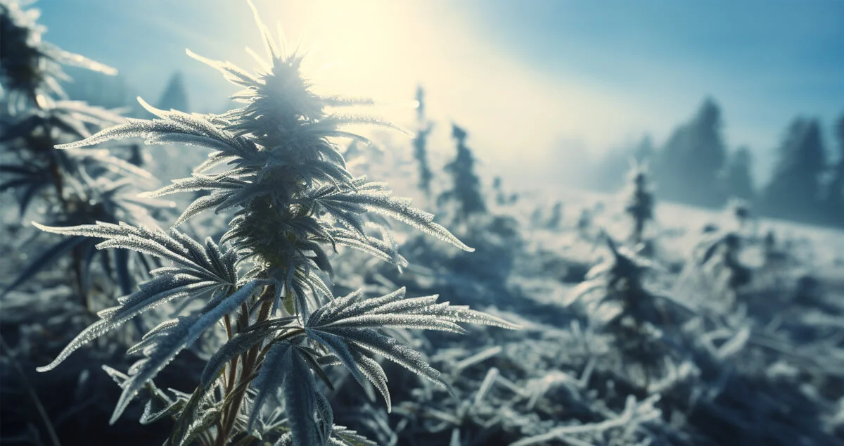 Outdoors frozen cannabis plant