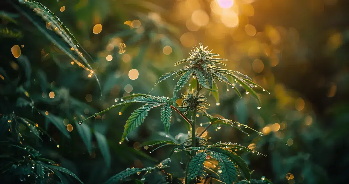 Marijuana plant with droplets of water